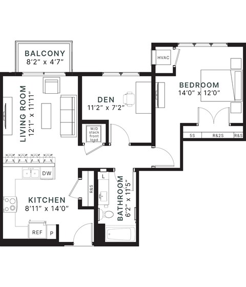 Floor plan for 1 bed, 1 bath, 894 sqft
